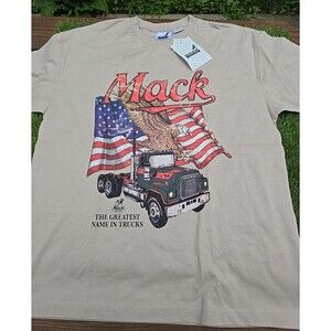 Mack Trucks T-shirt Mens 2XS Beige Graphic Tee Eagle American Flag Semi NWT